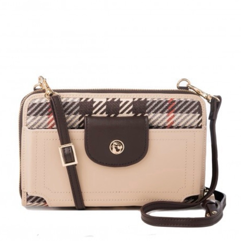 Spartina Wymberly Multi Phone Crossbody Linen Leather Neutral Plaid Tan Brown